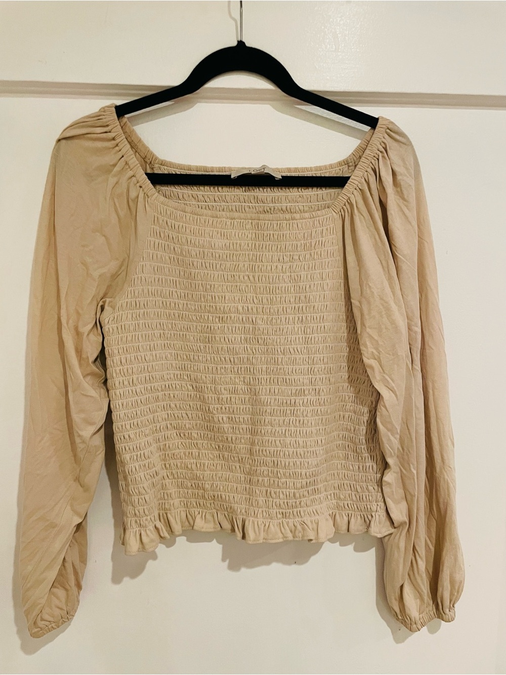 LOFT Neutral Beige Smocked Peasant Blouse